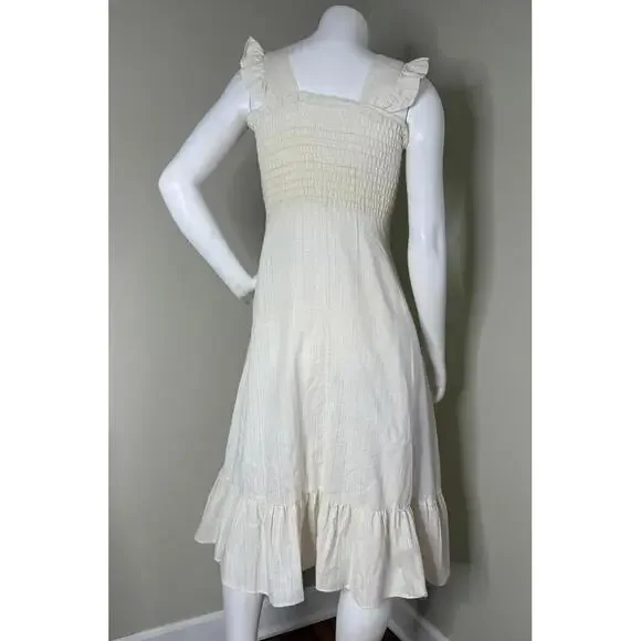 Vintage Cream Linen Ruffle Midi Dress Smocked Bodice Cottagecore - Picture 3 of 4
